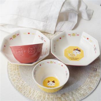 圻諾家 日式fuku創意貓咪浮雕米飯碗 三花貓炒飯盤 4.5寸陶瓷湯碗