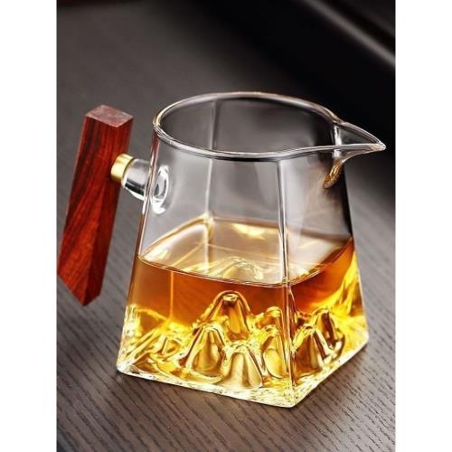 高硼硅加厚耐熱玻璃公道杯子分茶觀山杯木把家用泡茶過濾茶海配件