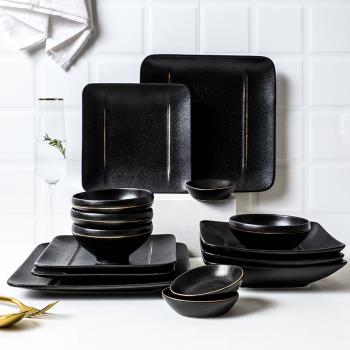 磨砂黑陶瓷餐具套裝日式米飯湯面碗菜碟味輕奢牛排西餐淺平方盤子