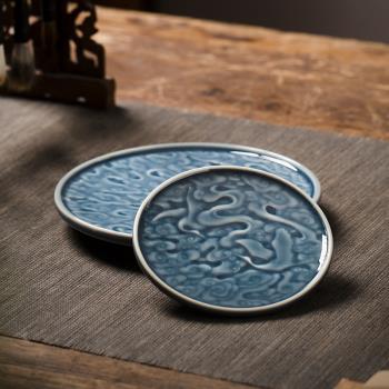 雕刻中式圓形家用茶盤杯托陶瓷