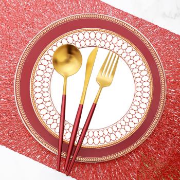 歐式紅色盤子金邊餐具牛排盤家用陶瓷西餐盤套裝婚禮喜慶宴會擺盤