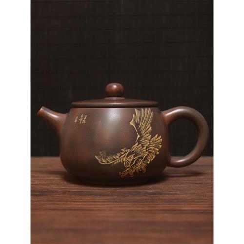 欽州坭興陶茶壺純手工桶金壺禪意雕刻達摩人物茶具非紫砂建水陶|茶壺