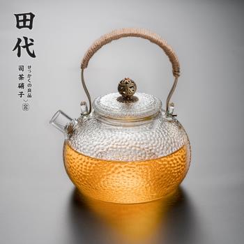 銅提梁錘紋茶壺 700ml耐熱高硼硅玻璃圓手工壺短嘴帶濾網泡煮茶壺