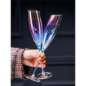 歐式水晶玻璃香檳杯家用情侶高腳杯禮盒裝七彩鑲鉆葡萄酒杯香檳杯
