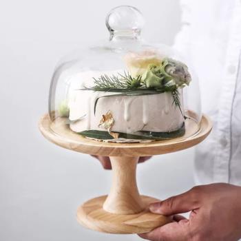 木質高腳蛋糕托盤帶蓋玻璃罩小糕點心盤展示烘焙試吃盤精致蛋糕架
