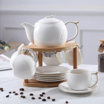 陶瓷咖啡杯碟套裝家用客廳輕奢下午茶茶具日式可加熱花茶壺帶木架