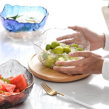 日式金邊錘目紋透明玻璃碗家用蔬菜沙拉碗大號不規則水果碗甜品碗