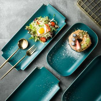 北歐墨綠色金邊陶瓷餐具 不規則沙拉盤壽司盤子西餐盤家用菜盤