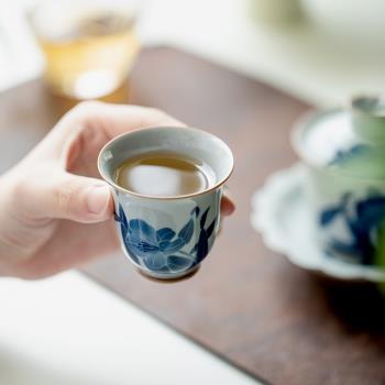 古青純手繪百合花茶杯陶瓷家用主人杯單個功夫茶具品茗杯茶洗建水