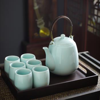 青瓷提梁壺茶具套裝整套大容量茶壺帶過濾網水杯茶杯餐廳1.5升家