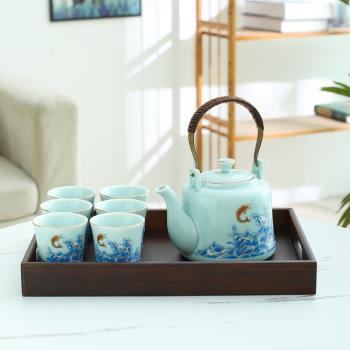青瓷描金提梁壺茶具套裝陶瓷小號泡茶壺茶杯整套簡約中式家用瓷壺
