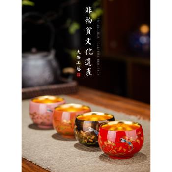 吾和漆器茶具 福州大漆手工製作手繪鳥主人杯24K金菩提葉高階茶杯