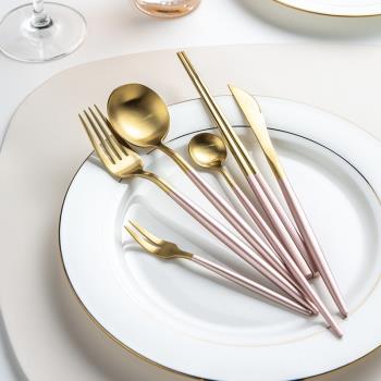 西餐餐具刀叉勺筷四件套牛排刀叉家用輕奢金色ins風甜品叉勺筷子