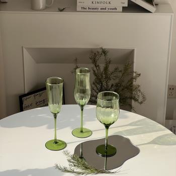 法式復古綠色波紋高腳杯子彩色玻璃杯中古玻璃紅酒杯家用香檳酒杯