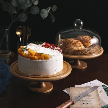 歐式創意透明防塵蛋糕玻璃蓋食物罩高腳蛋糕盤甜品臺大號竹木托盤