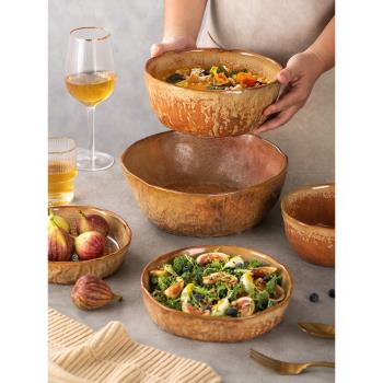 創意日式陶瓷飯碗面碗湯碗復古家用菜碗大碗沙拉盤子個性石紋餐具