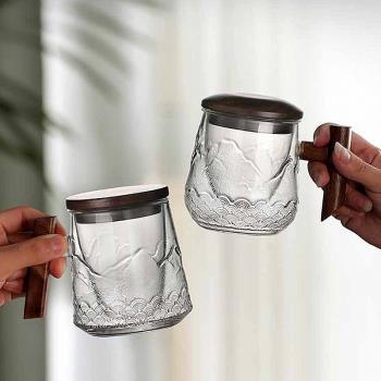 山海日式玻璃馬克杯三件套水杯茶水分離帶蓋帶內膽泡茶家用辦公杯