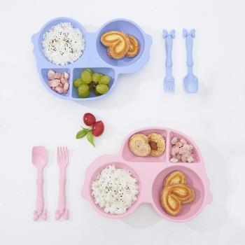禮盒小麥秸稈兒童餐具分格餐盤卡通飯碗叉勺三件套裝幼兒園托管班