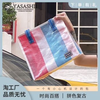 剛巧2023新款ins手提袋復古編織購物袋包租公大容量收納蛇皮袋子