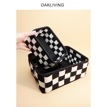 oakliving毛氈棋盤格收納籃簡約家居零食玩具整理藍衣物化妝品箱