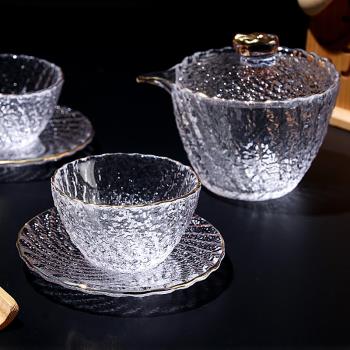 日式耐熱加厚冰川玻璃品茗杯蓋碗公杯描金初雪琉璃上神杯主人茶杯