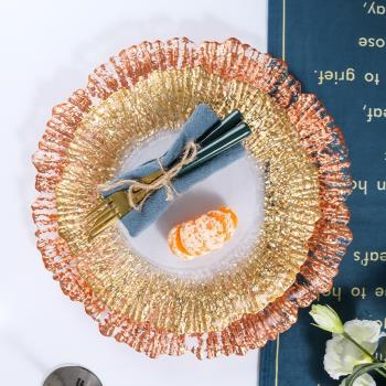 歐式金箔玻璃盤家用創意珊瑚水果盤客廳擺件收納餐盤婚慶宴會墊盤