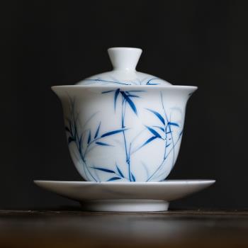白瓷手繪釉下彩青花竹影蓋碗套裝三才碗茶杯陶瓷日式功夫茶具泡茶