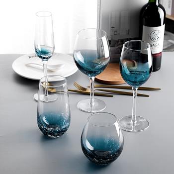 漸變藍出口錘目紋描金邊水晶玻璃紅酒杯香檳杯歐式高腳葡萄酒杯子