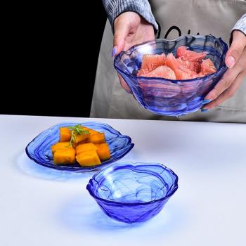 日式海藍水墨紋盤子玻璃碗沙拉碗碟套裝家用水果盤創意餐具甜品碗