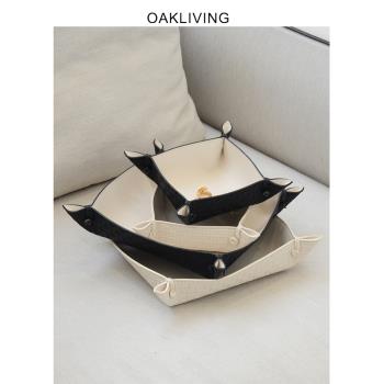 oakliving簡約正方形皮革收納盒現代輕奢桌面首飾鑰匙高檔置物盤