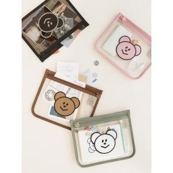 韓國livework可愛小熊透明扁平化妝收納包數碼文具相片雜物整理袋