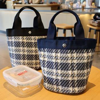 藍格子帆布手提袋簡約百搭小拎包午餐便當包上班族手拎日式飯盒袋