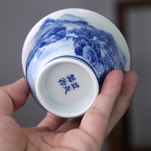 工筆青花山水手工茶杯手繪單杯品茗杯主人杯景德鎮陶瓷功夫茶具|茶杯