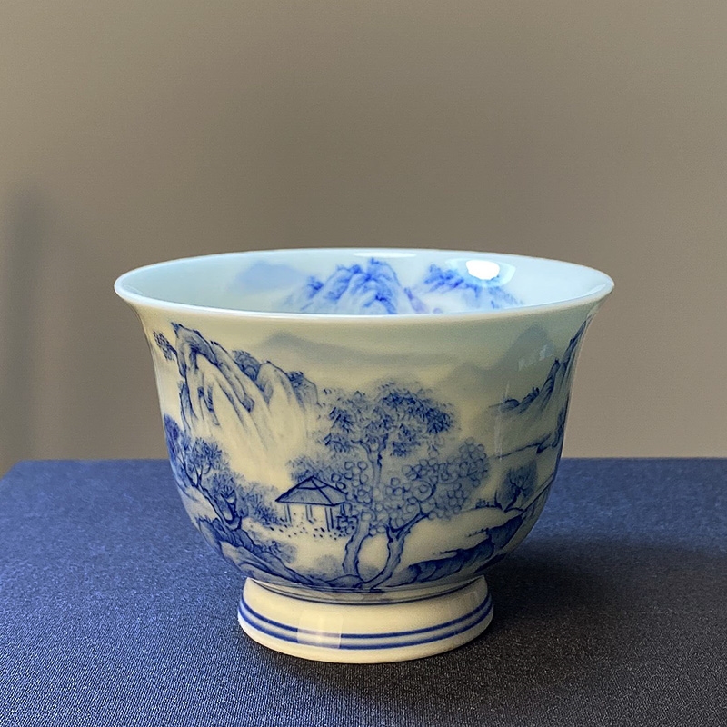 工筆青花山水手工茶杯手繪單杯品茗杯主人杯景德鎮陶瓷功夫茶具|茶杯