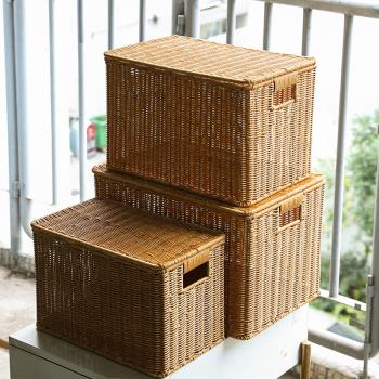仿藤編儲物收納箱子有蓋 家用整理箱衣櫃收納盒 後備箱雜物筐簡約