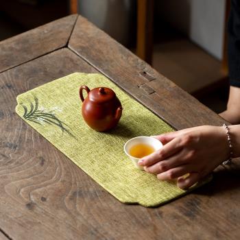碌心 棉麻干泡茶席桌旗雙層防水蘭花手繪便攜收納不易皺簡約素雅