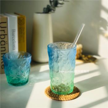ins漸變冰川紋彩色玻璃杯餐廳果汁杯氣泡水杯創意樹皮紋杯高顏值