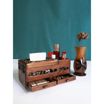 泰國實木紙巾盒復古中式家用客廳茶幾遙控器收納盒多功能創意抽紙