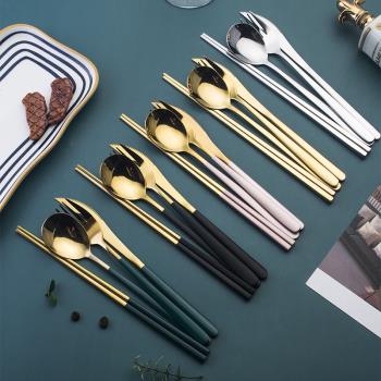韓式ins不銹鋼筷子勺子套裝家用吃飯長柄湯匙叉子創意叉勺筷餐具