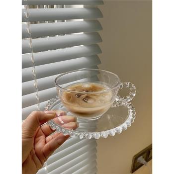 ins中古風透明玻璃珠珠手柄法式咖啡杯碟套裝下午茶花茶杯牛奶杯