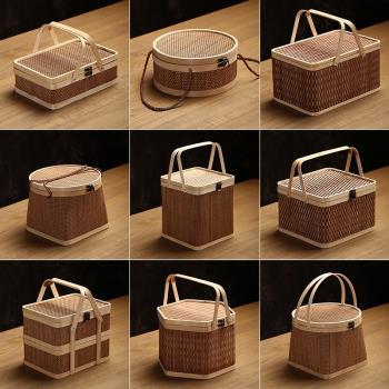 新款網紅1手提便當盒實木野餐飯盒 中式風格純手工竹編提籃月餅籃
