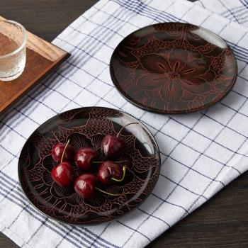 日式創意圓形點心碟子 刻水仙花木碟子 果碟零食蛋糕碟 木質餐具