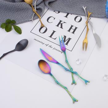 日式不銹鋼創意可愛水果叉勺復古樹枝造型甜品刀叉勺套裝拍攝道具