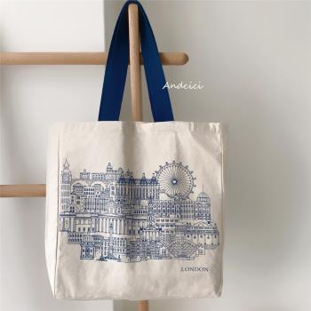 ANDCICI@LONDON CITY~文藝復古款帆布袋女單肩包大購物袋學生書包