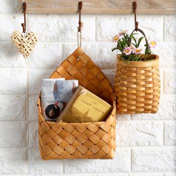 日式木質小掛籃 掛式收納筐書籃子 墻面裝飾花籃 小物件壁掛吊籃