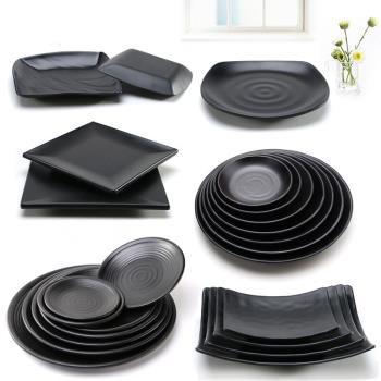 密胺圓形淺盤平盤仿瓷餐具黑色餐廳菜盤快餐蓋澆飯盤子小吃碟商用