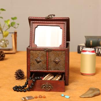 古風梳妝匣化妝盒結婚戒指項鏈首飾盒帶鏡子多層抽屜式木質收納盒