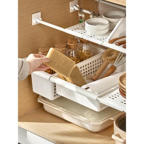 收納筐桌面收納工具分層隔板伸縮桿子晾衣掛桿免打孔衣柜櫥柜掛鉤