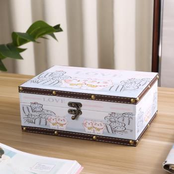 木質收納盒創意帶鎖收納盒桌面帶蓋長方形家用雜物證件首飾儲物箱