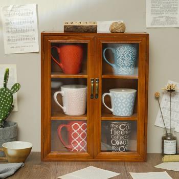 桌面收納盒茶具展示柜馬克杯子置物架香水防塵木帶門紙膠帶收納柜